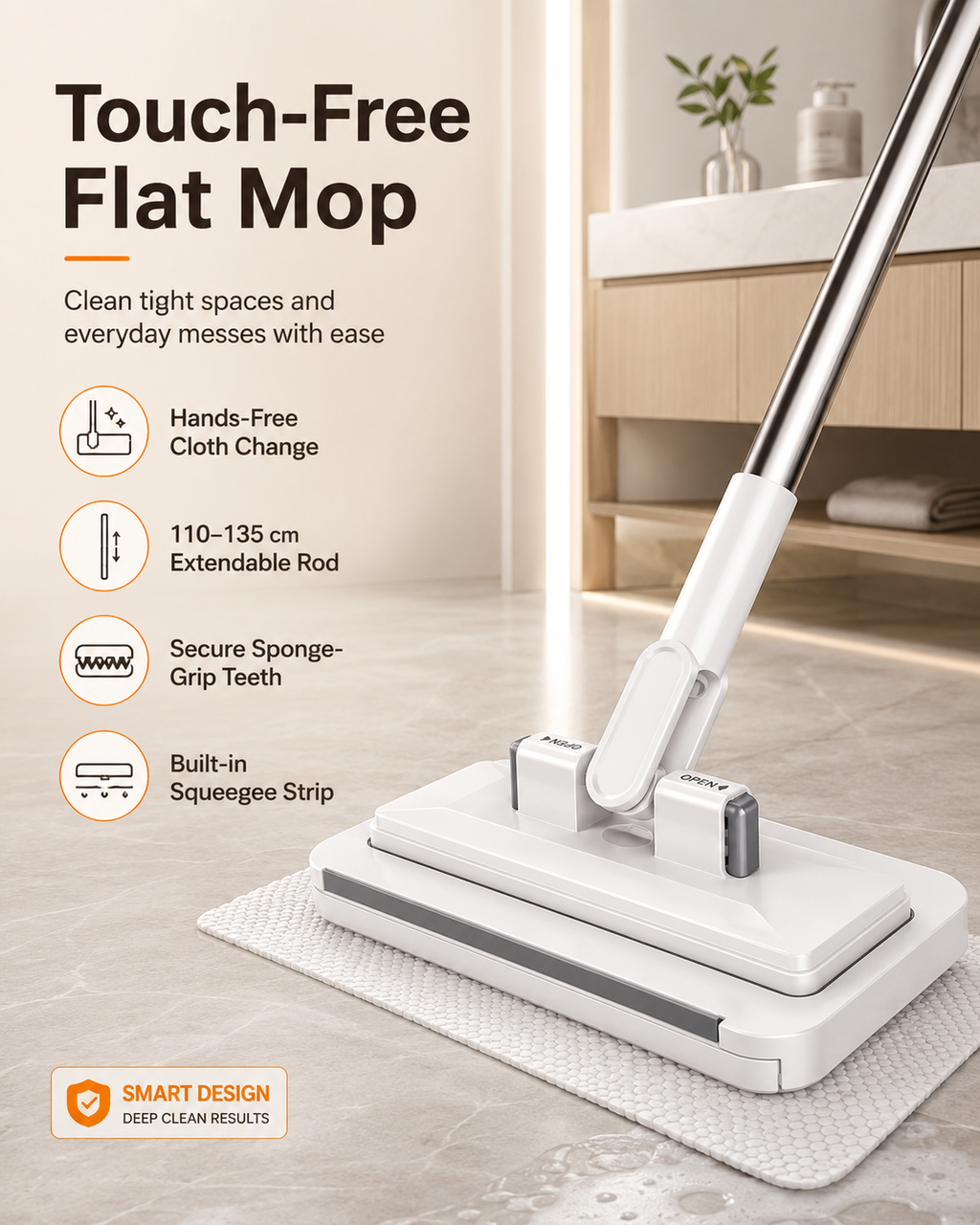 Touch-Free Clip-On Flat Mop with Extendable Stainless Steel Handle