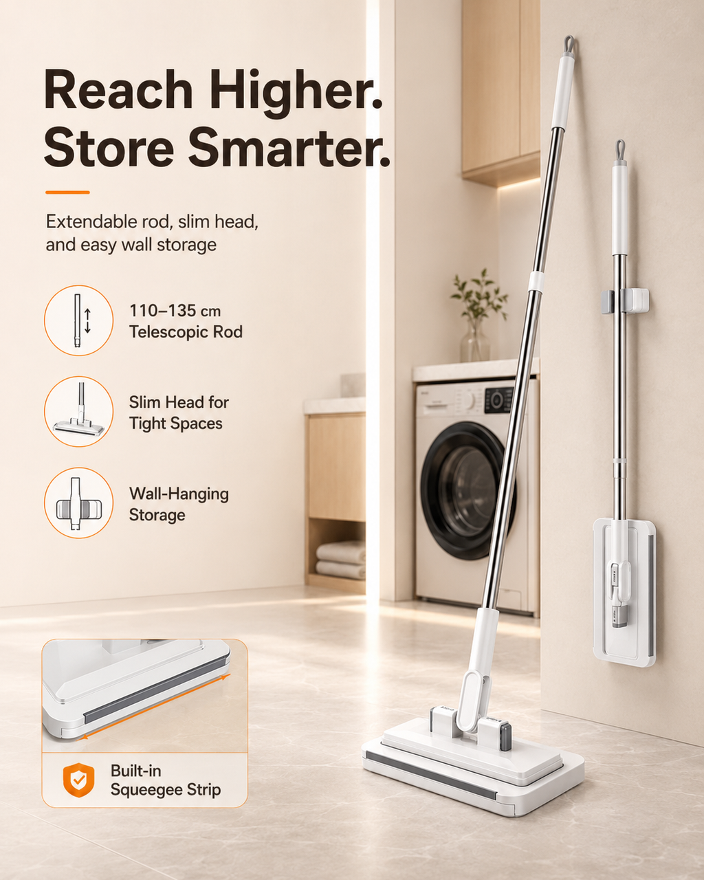 Touch-Free Clip-On Flat Mop with Extendable Stainless Steel Handle