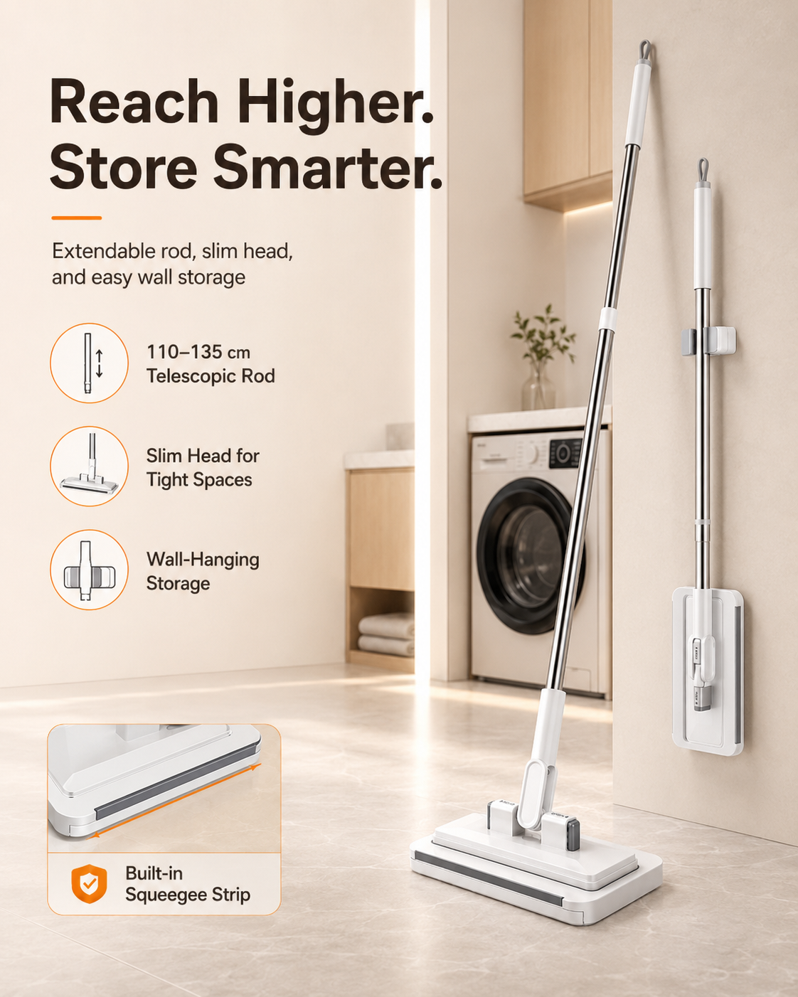 Touch-Free Clip-On Flat Mop with Extendable Stainless Steel Handle