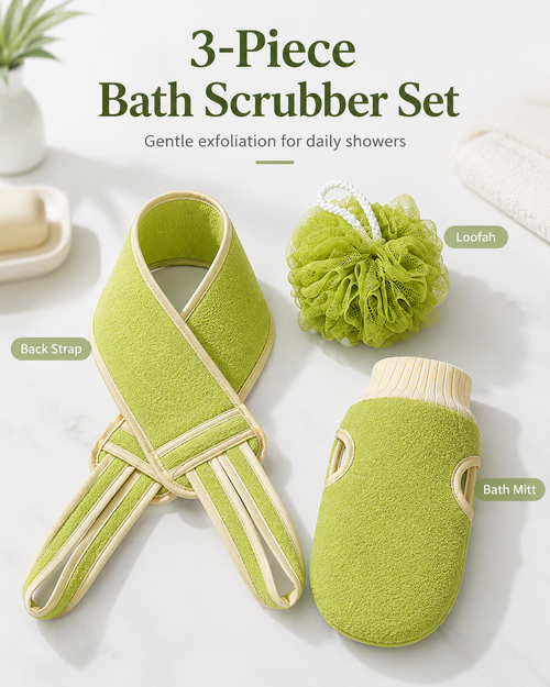 3-Piece Bath Scrubber Set with Back Strap, Bath Mitt & Loofah