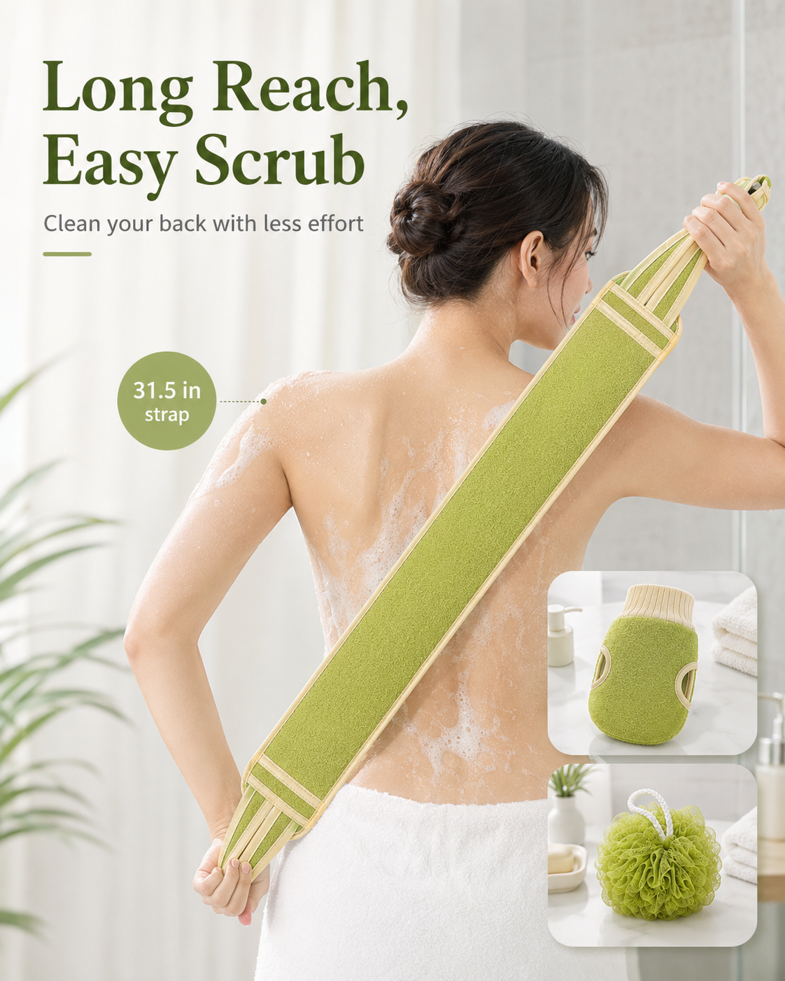 3-Piece Bath Scrubber Set with Back Strap, Bath Mitt & Loofah