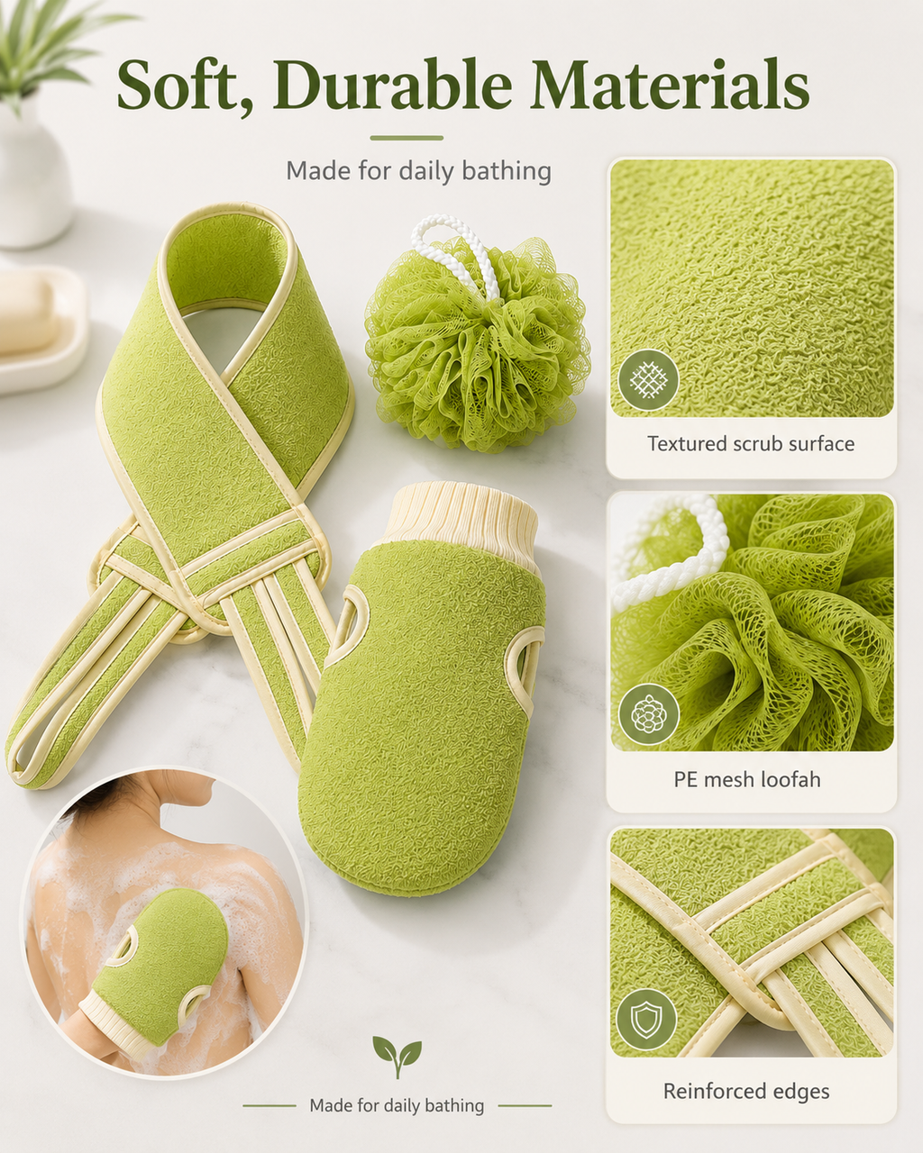 3-Piece Bath Scrubber Set with Back Strap, Bath Mitt & Loofah