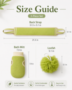 3-Piece Bath Scrubber Set with Back Strap, Bath Mitt & Loofah