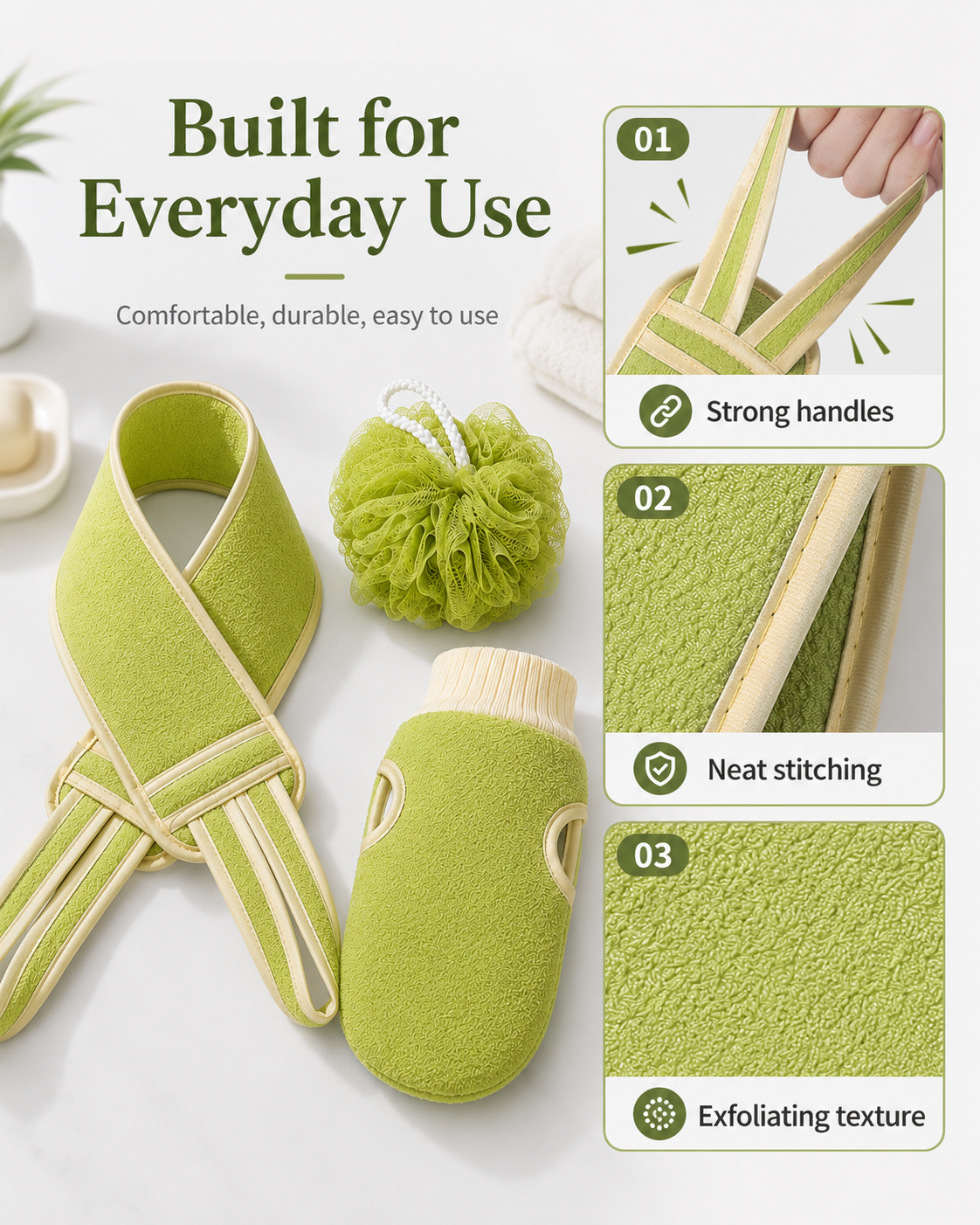 3-Piece Bath Scrubber Set with Back Strap, Bath Mitt & Loofah