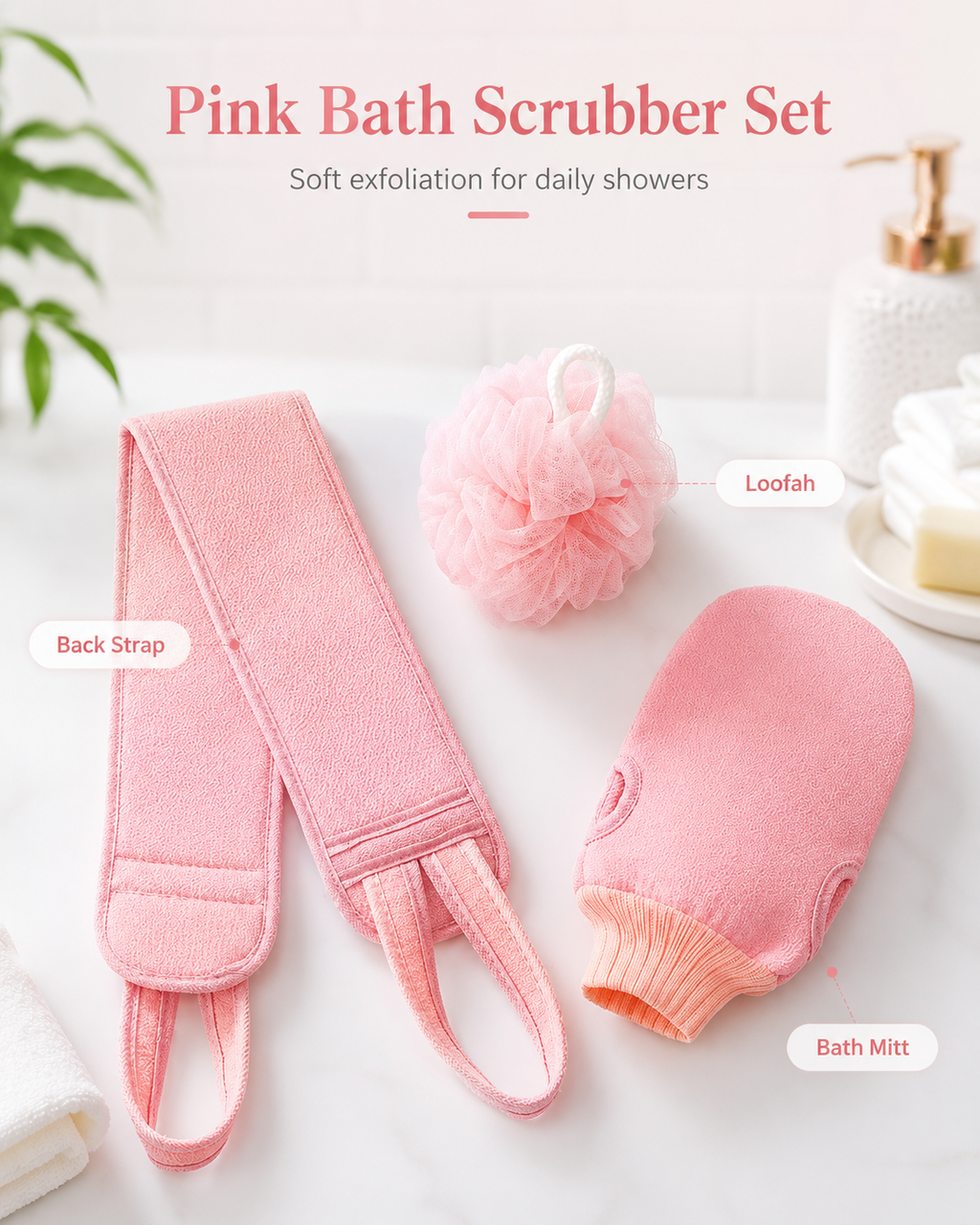 3-Piece Bath Scrubber Set with Back Strap, Bath Mitt & Loofah