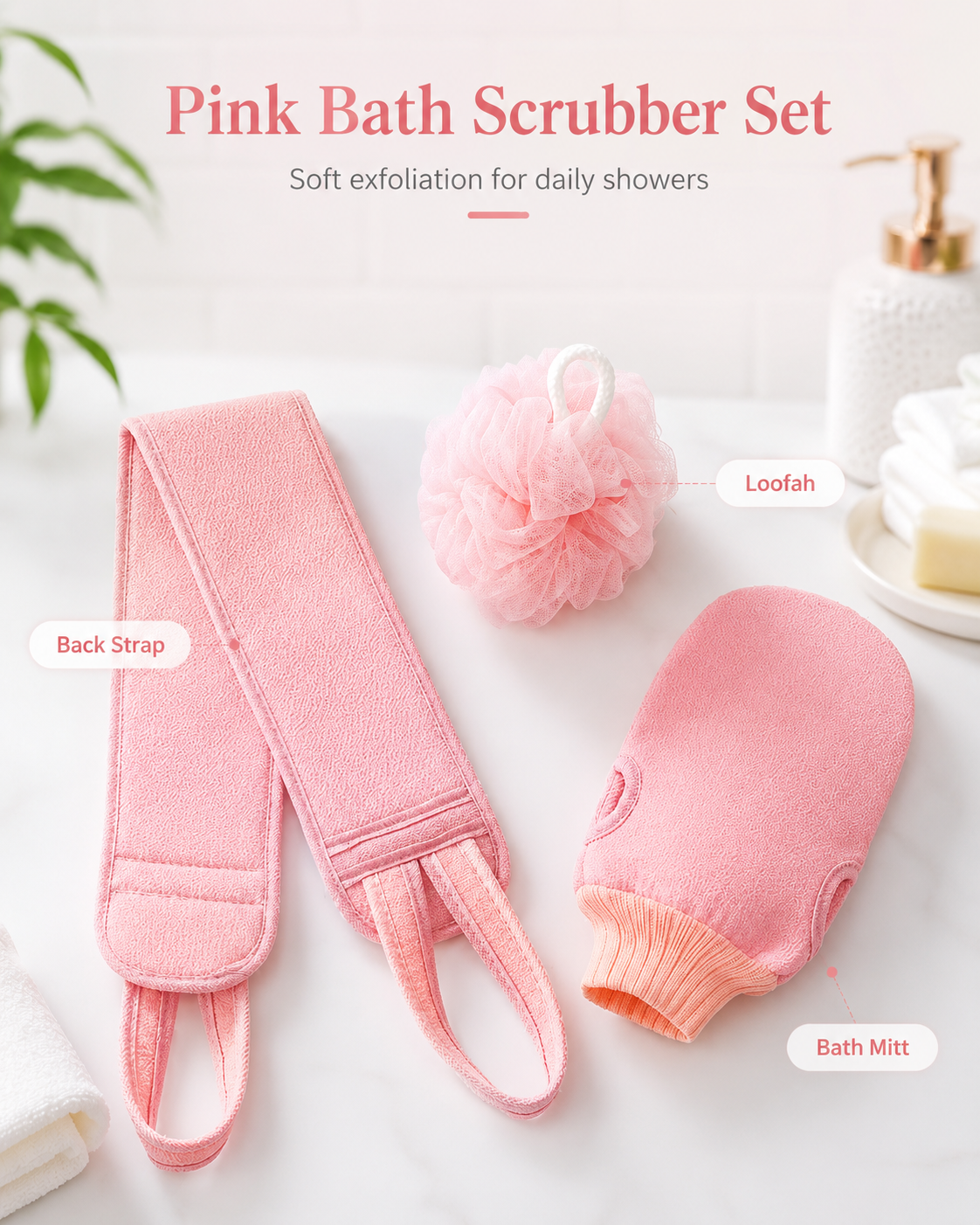 3-Piece Bath Scrubber Set with Back Strap, Bath Mitt & Loofah