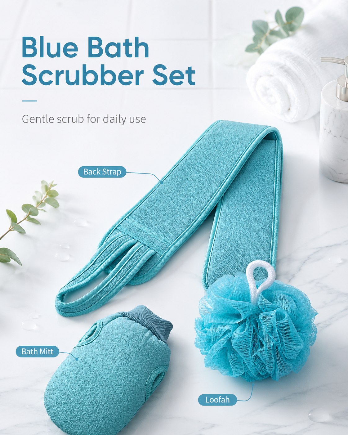 3-Piece Bath Scrubber Set with Back Strap, Bath Mitt & Loofah