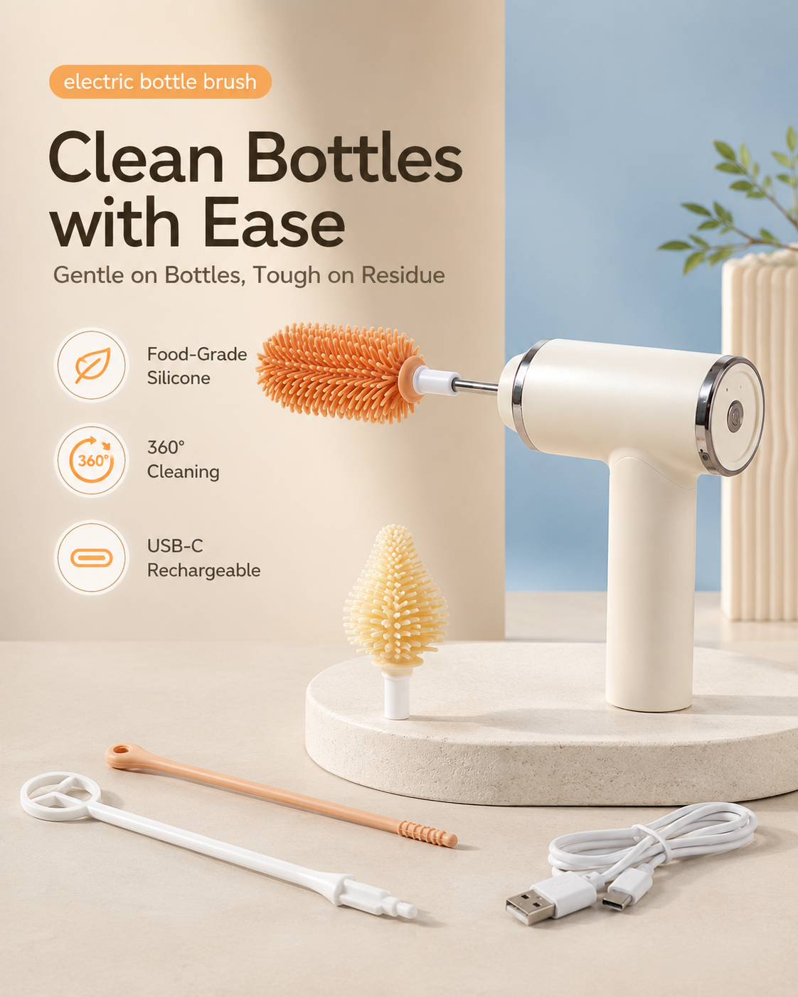 Electric Baby Bottle Brush Set with Silicone Brush Heads