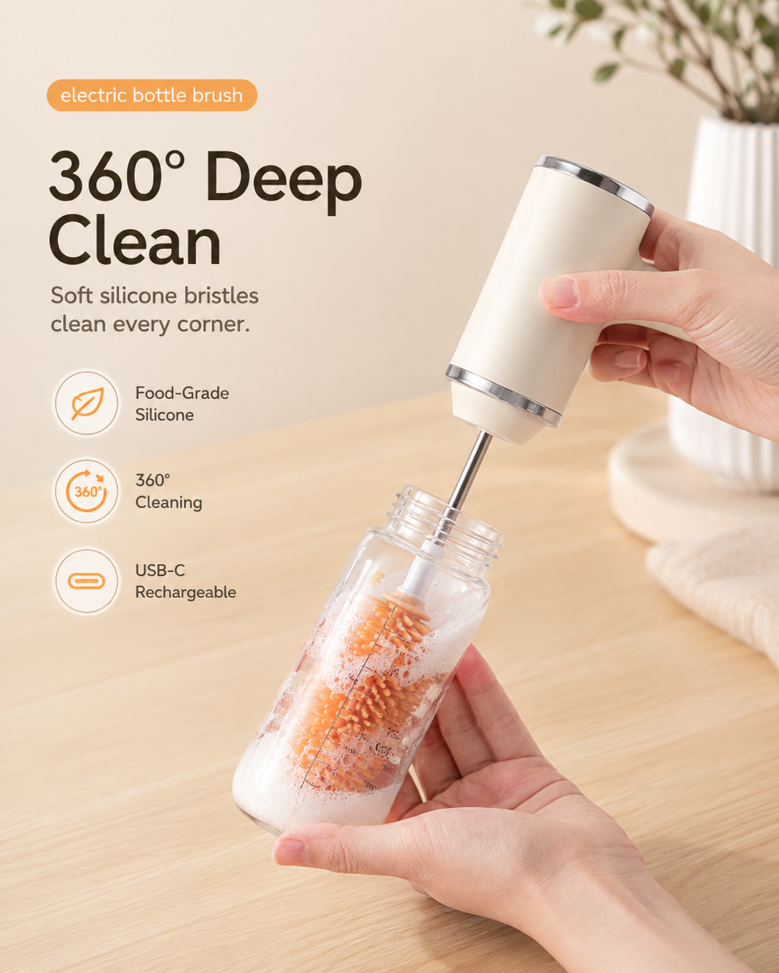 Electric Baby Bottle Brush Set with Silicone Brush Heads