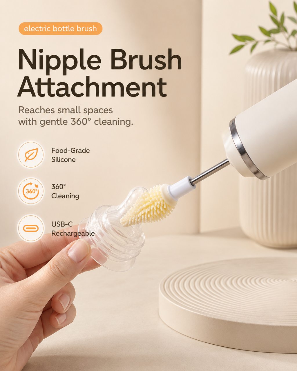 Electric Baby Bottle Brush Set with Silicone Brush Heads