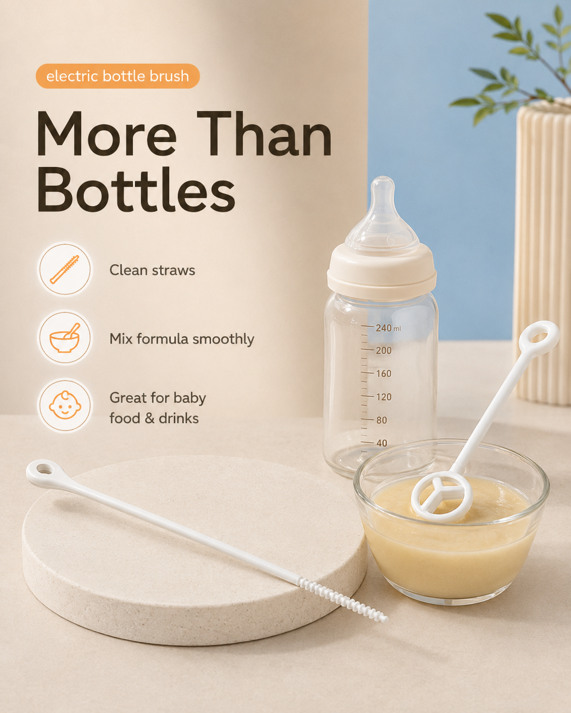 Electric Baby Bottle Brush Set with Silicone Brush Heads
