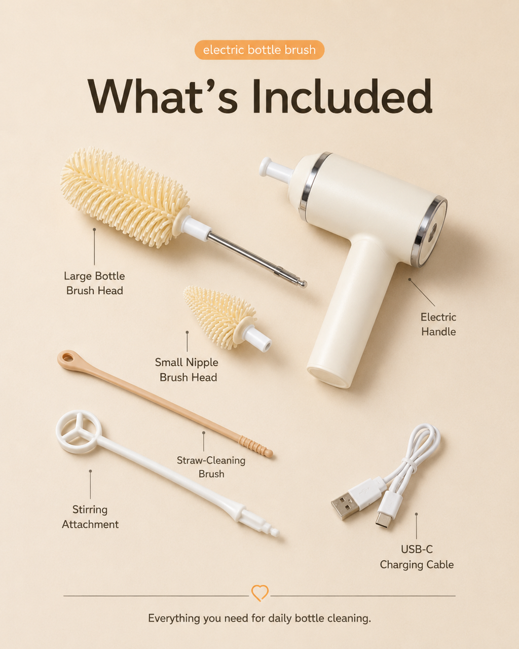 Electric Baby Bottle Brush Set with Silicone Brush Heads