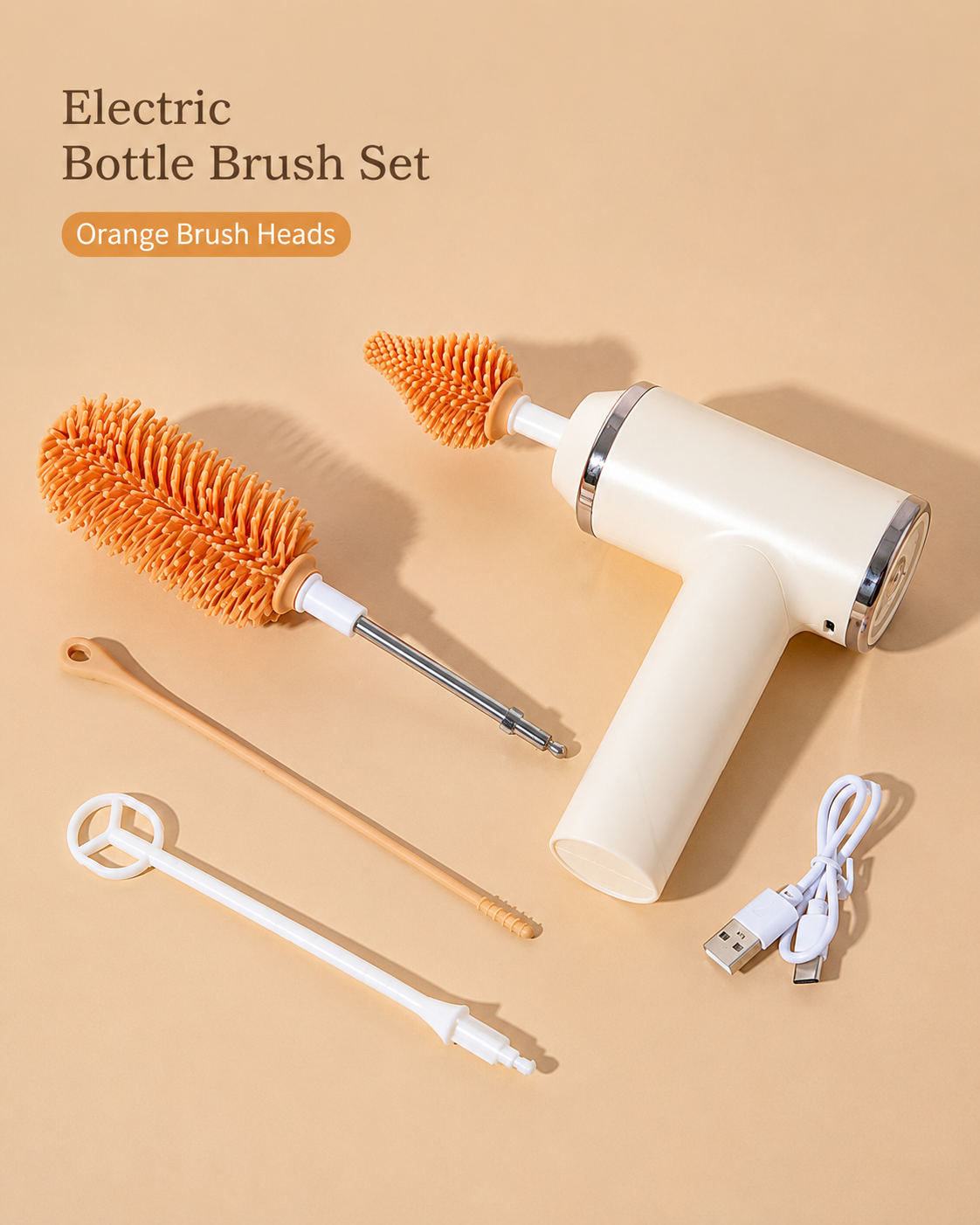 Electric Baby Bottle Brush Set with Silicone Brush Heads