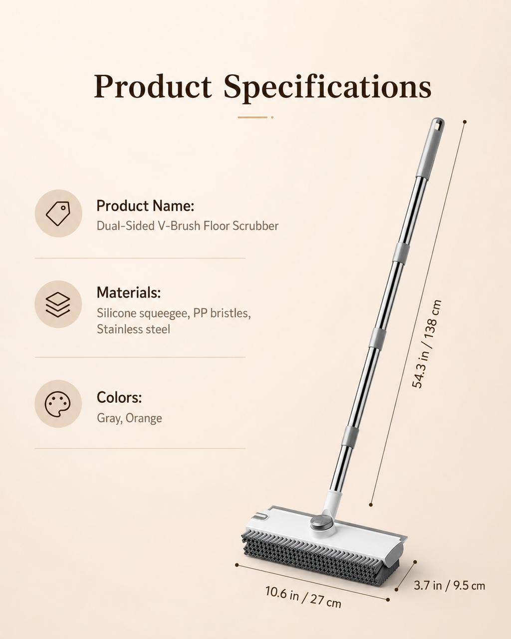 3-in-1 Floor Scrub Brush with Squeegee – Dual-Sided V Bristles for Bathroom, Tile, Grout & Corners