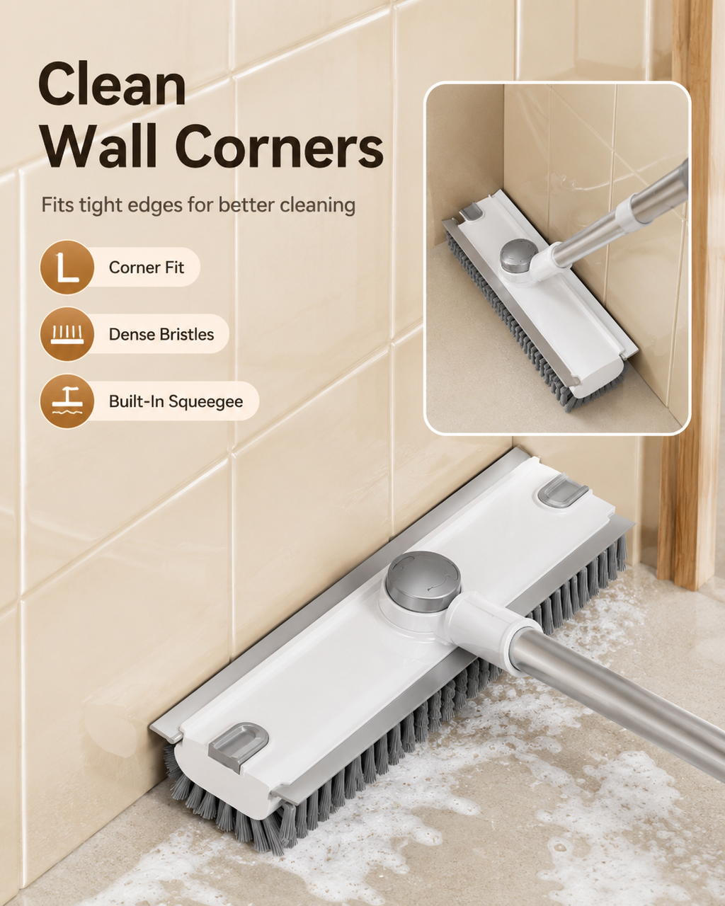 3-in-1 Floor Scrub Brush with Squeegee – Dual-Sided V Bristles for Bathroom, Tile, Grout & Corners