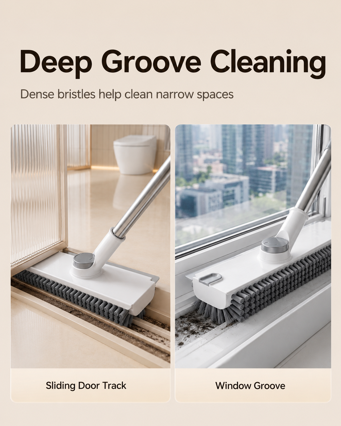 3-in-1 Floor Scrub Brush with Squeegee – Dual-Sided V Bristles for Bathroom, Tile, Grout & Corners