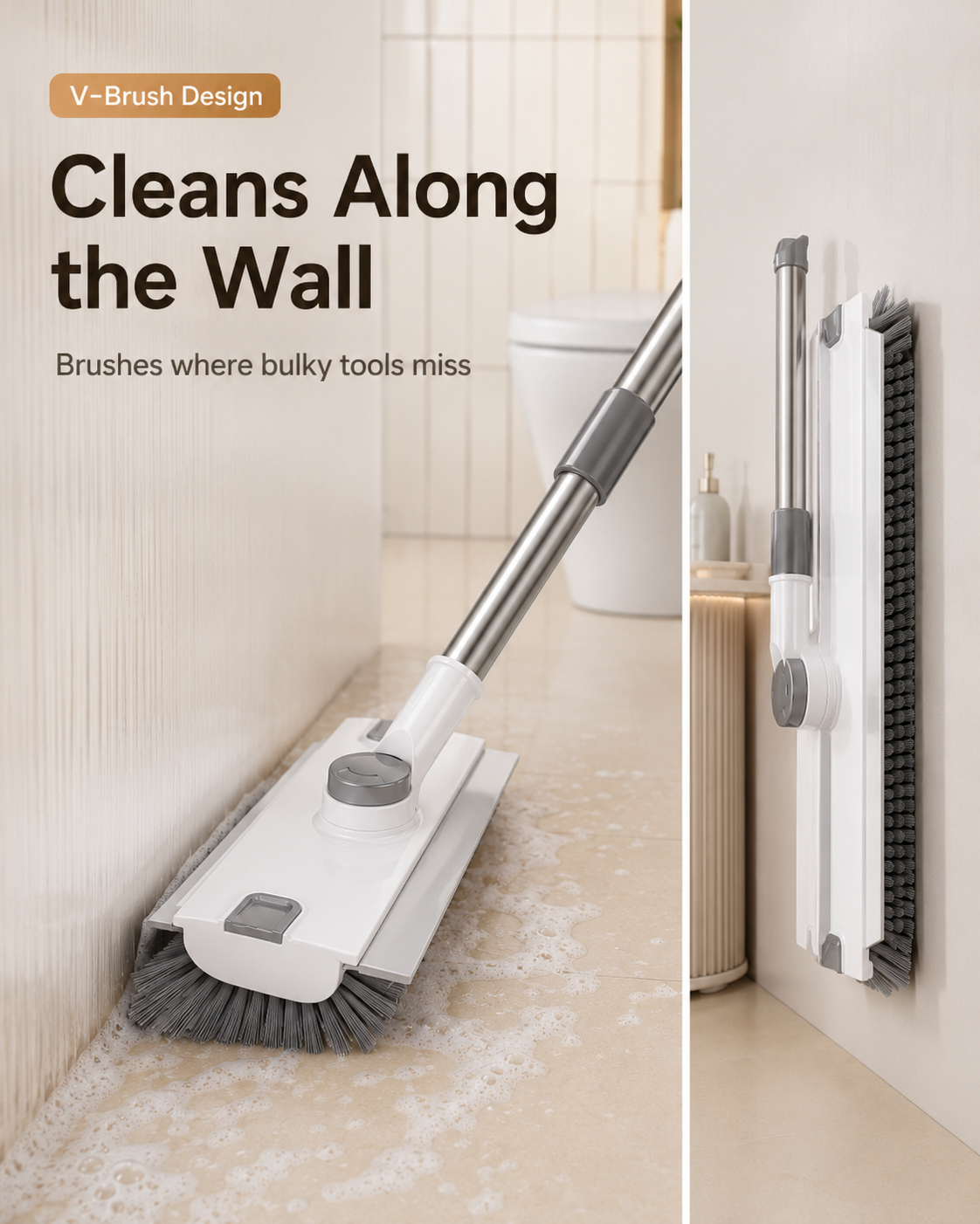 3-in-1 Floor Scrub Brush with Squeegee – Dual-Sided V Bristles for Bathroom, Tile, Grout & Corners