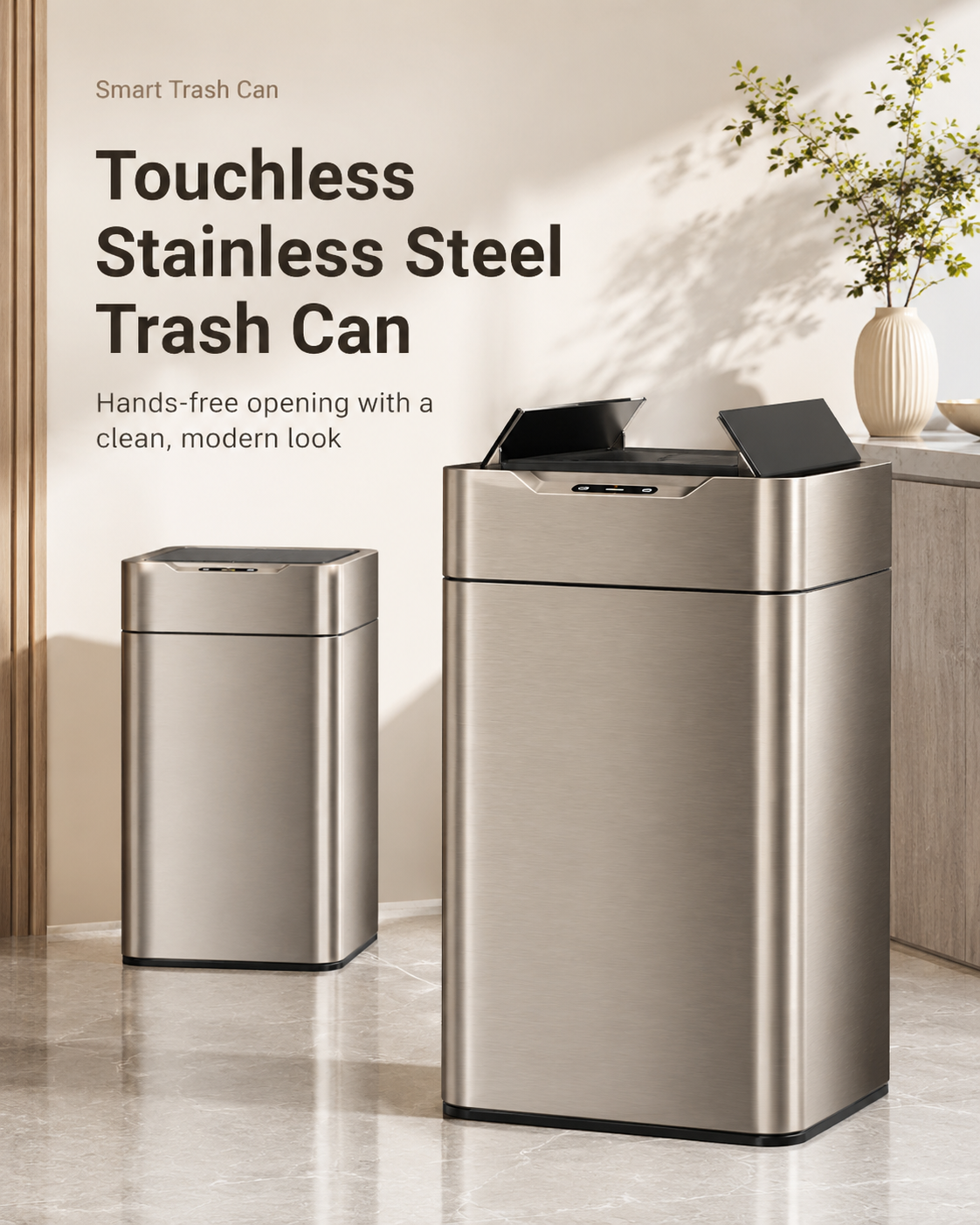 Smart touchless stainless steel trash can in a modern home