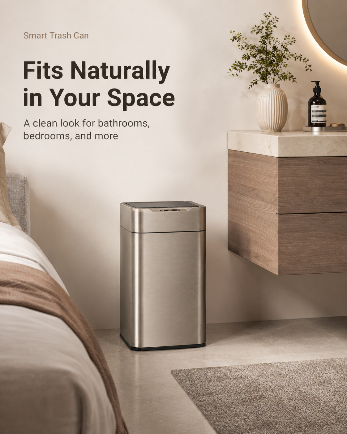 Smart Touchless Stainless Steel Trash Can with LED Light, Automatic Motion Sensor Bin for Bathroom, Bedroom, Kitchen