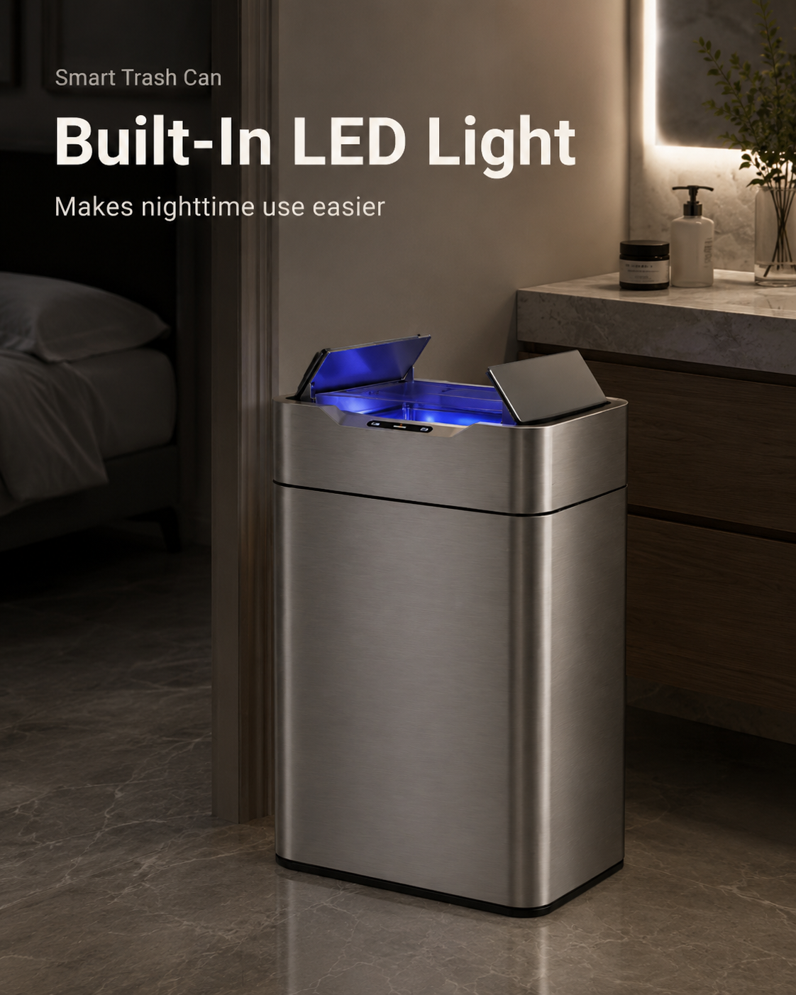 Smart Touchless Stainless Steel Trash Can with LED Light, Automatic Motion Sensor Bin for Bathroom, Bedroom, Kitchen