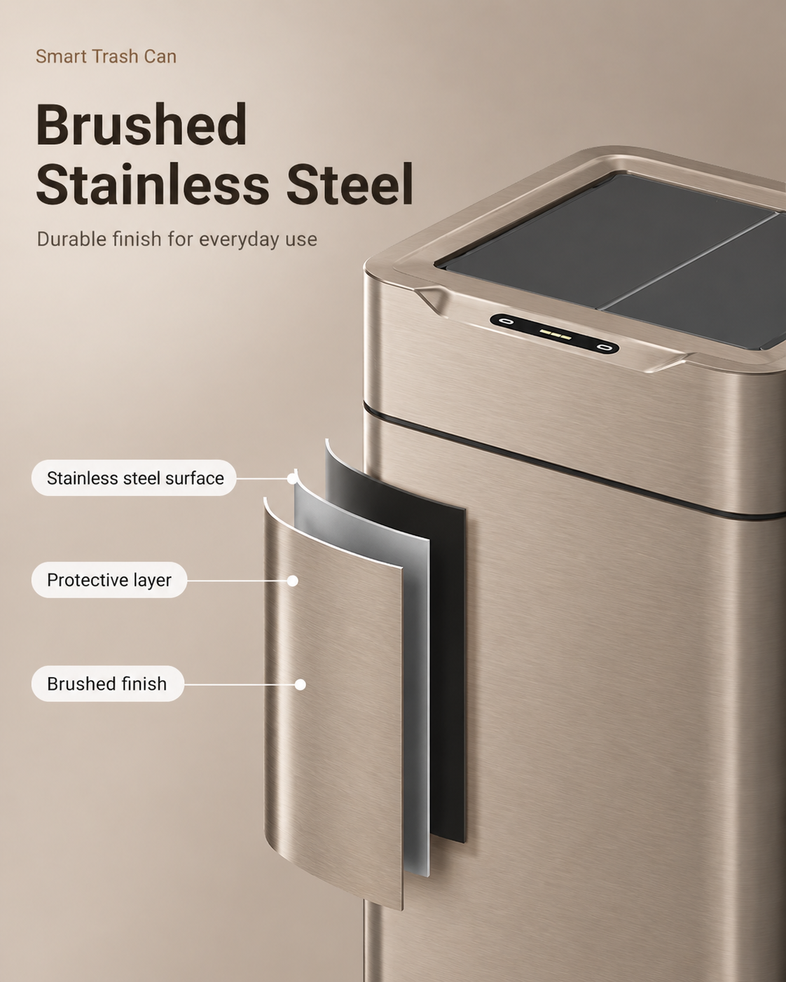 Smart Touchless Stainless Steel Trash Can with LED Light, Automatic Motion Sensor Bin for Bathroom, Bedroom, Kitchen