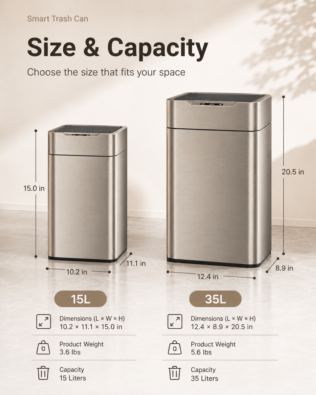 Smart Touchless Stainless Steel Trash Can with LED Light, Automatic Motion Sensor Bin for Bathroom, Bedroom, Kitchen