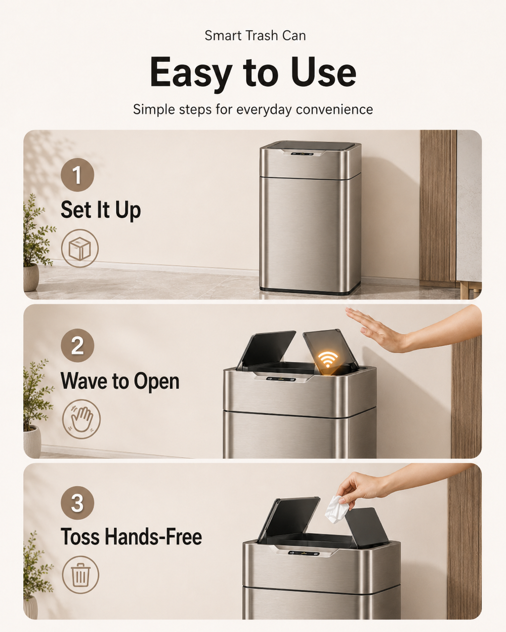 Smart Touchless Stainless Steel Trash Can with LED Light, Automatic Motion Sensor Bin for Bathroom, Bedroom, Kitchen
