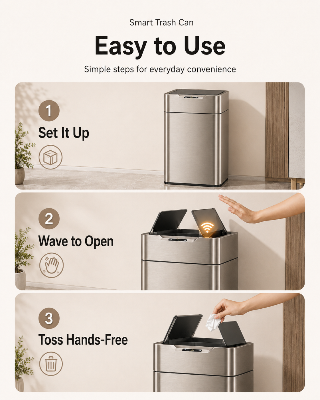 Smart Touchless Stainless Steel Trash Can with LED Light, Automatic Motion Sensor Bin for Bathroom, Bedroom, Kitchen