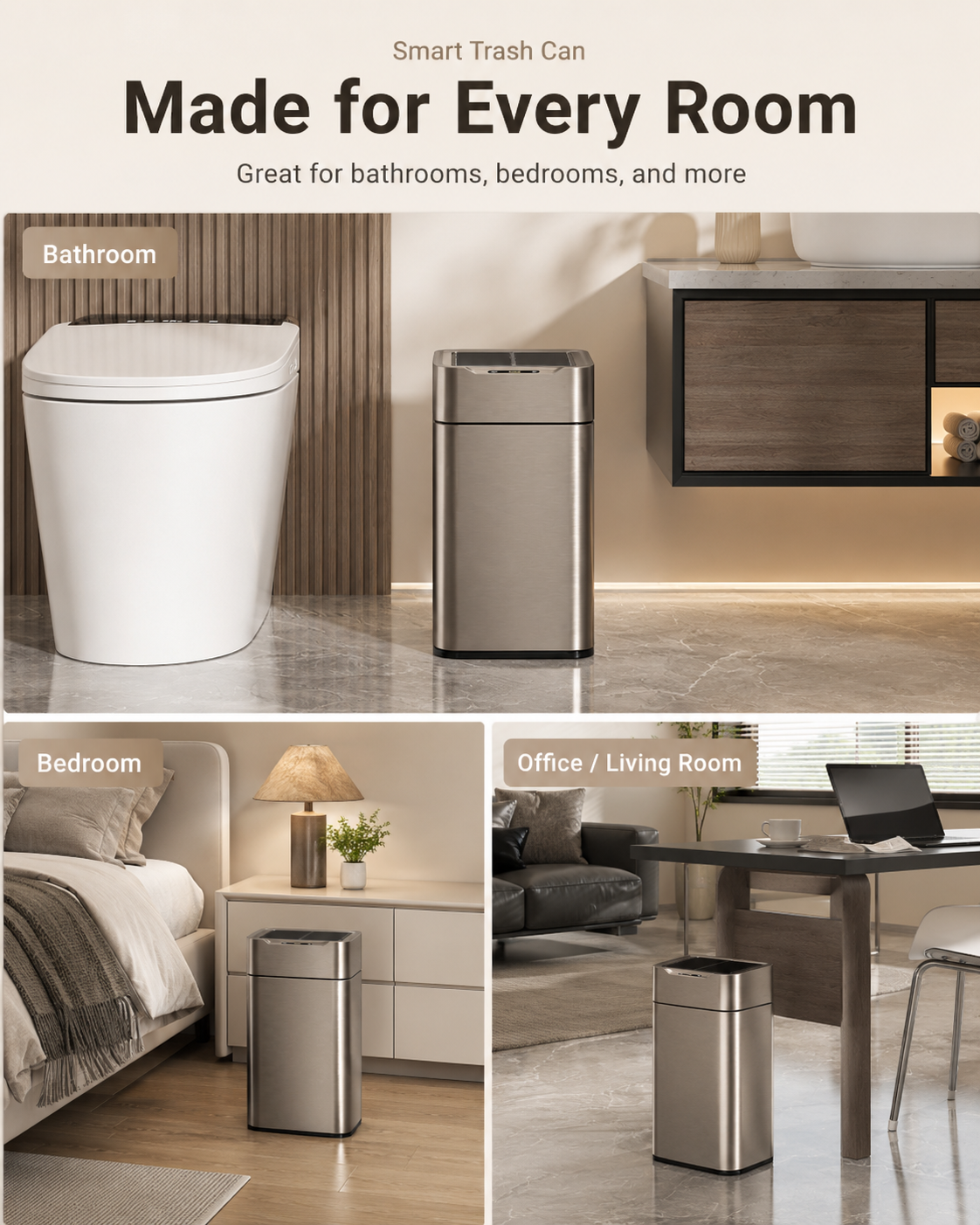 Smart Touchless Stainless Steel Trash Can with LED Light, Automatic Motion Sensor Bin for Bathroom, Bedroom, Kitchen