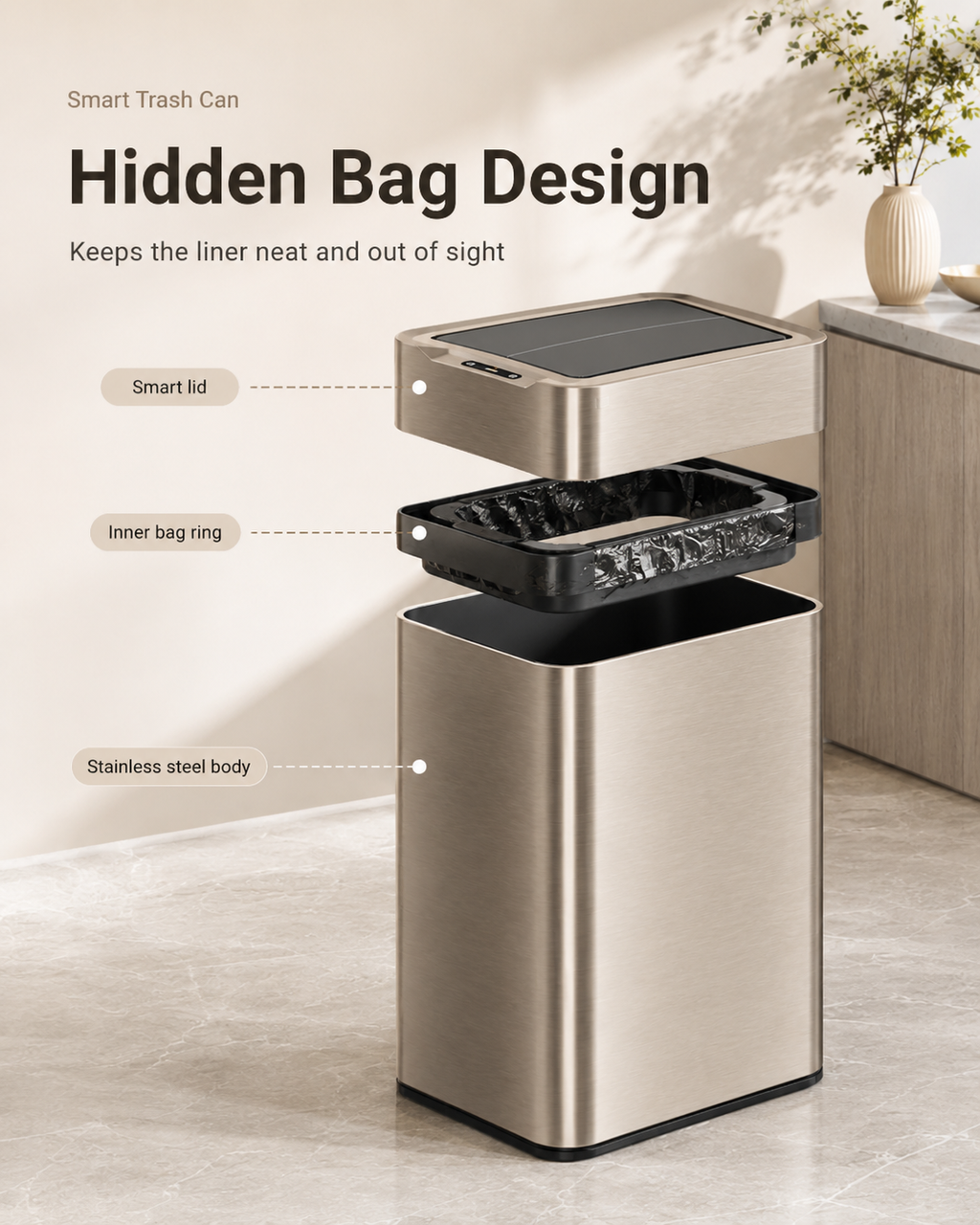 Smart Touchless Stainless Steel Trash Can with LED Light, Automatic Motion Sensor Bin for Bathroom, Bedroom, Kitchen