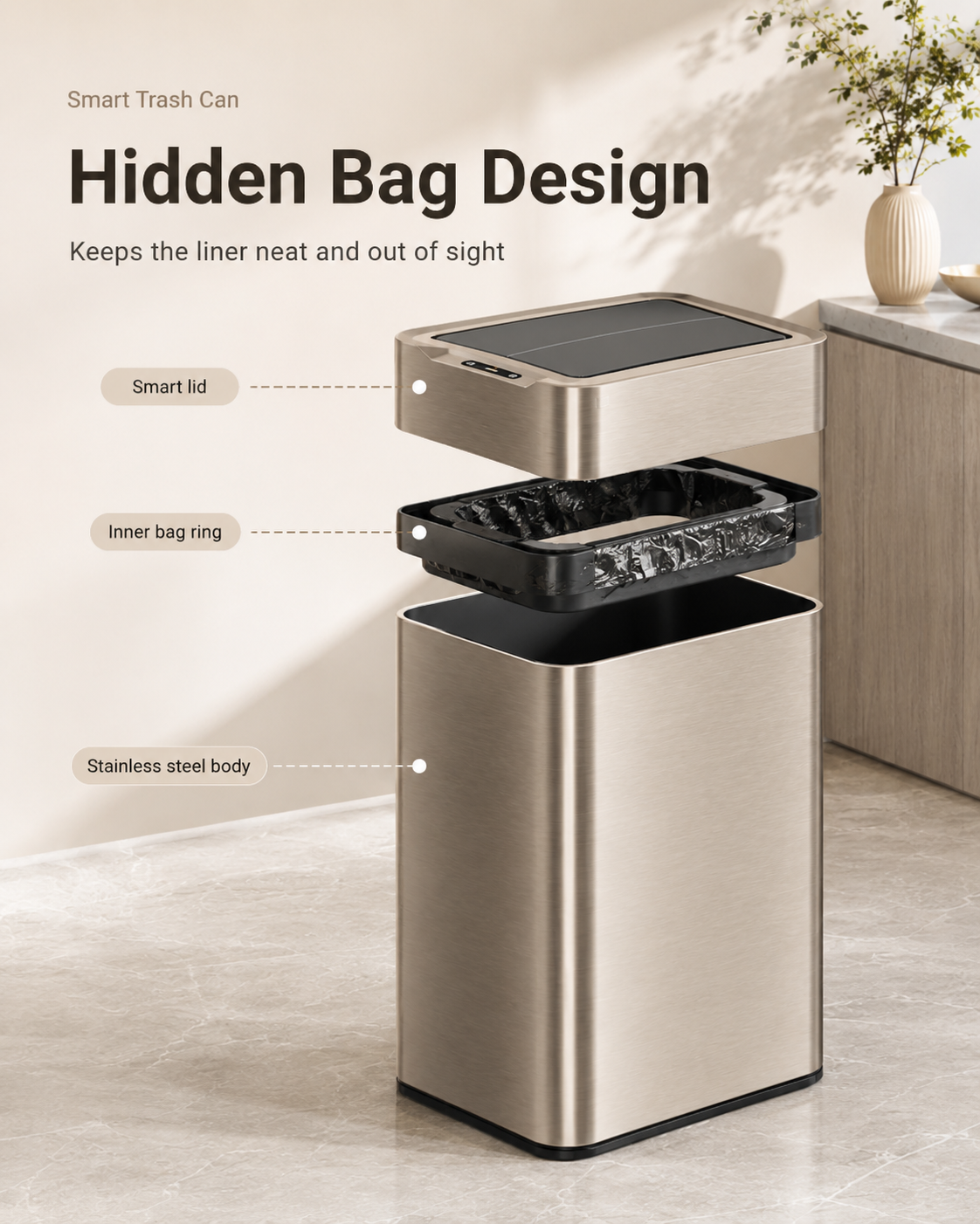 Smart Touchless Stainless Steel Trash Can with LED Light, Automatic Motion Sensor Bin for Bathroom, Bedroom, Kitchen