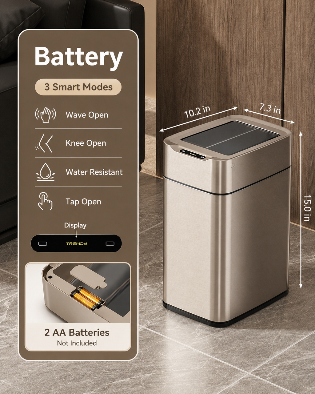 Smart Touchless Stainless Steel Trash Can with LED Light, Automatic Motion Sensor Bin for Bathroom, Bedroom, Kitchen