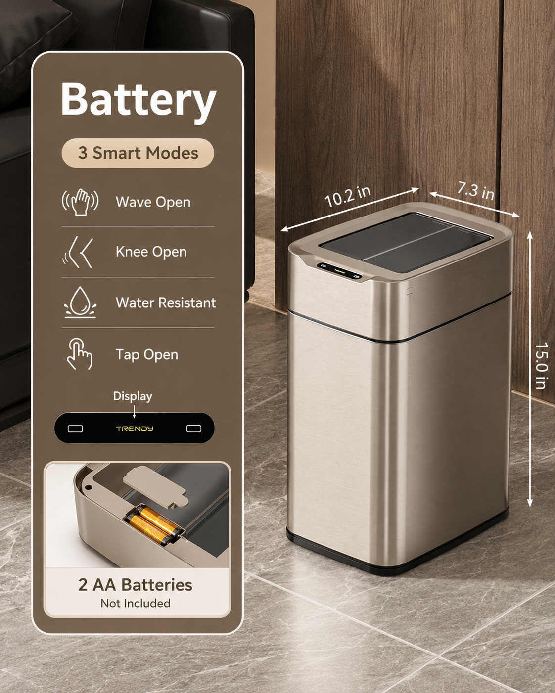 Smart Touchless Stainless Steel Trash Can with LED Light, Automatic Motion Sensor Bin for Bathroom, Bedroom, Kitchen