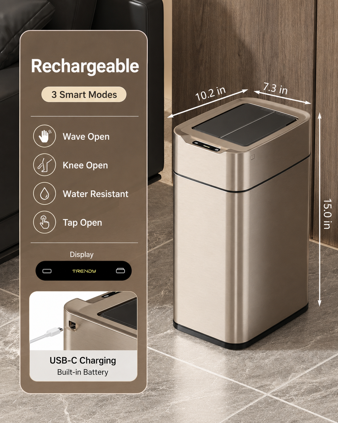 Smart Touchless Stainless Steel Trash Can with LED Light, Automatic Motion Sensor Bin for Bathroom, Bedroom, Kitchen