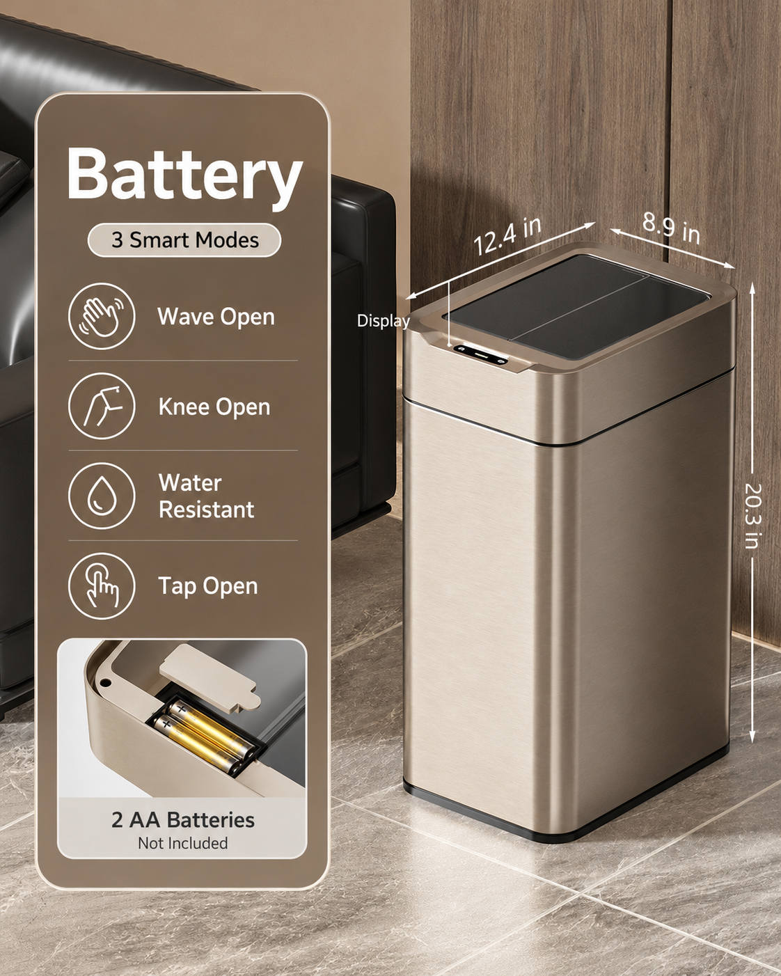 Smart Touchless Stainless Steel Trash Can with LED Light, Automatic Motion Sensor Bin for Bathroom, Bedroom, Kitchen