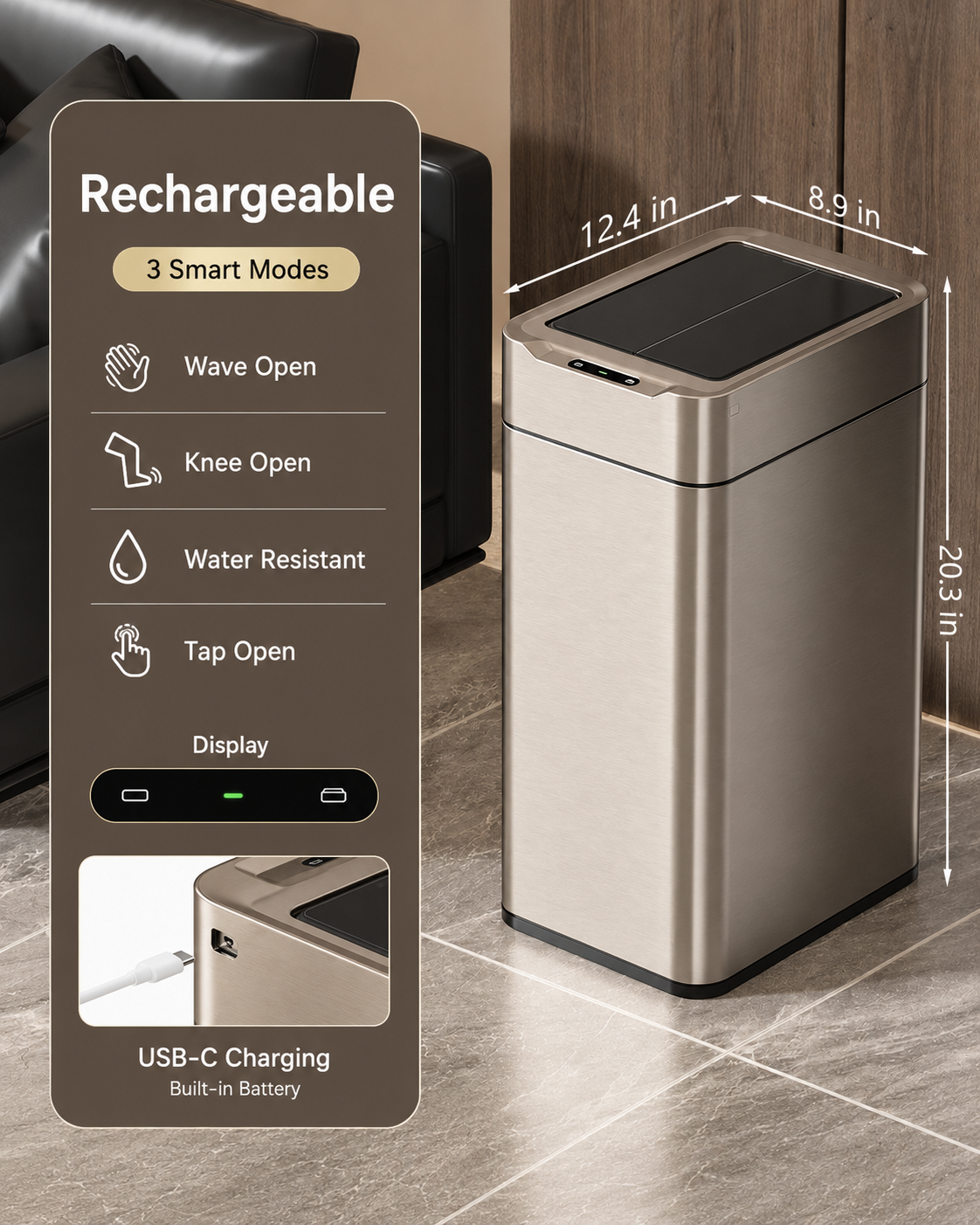 Smart Touchless Stainless Steel Trash Can with LED Light, Automatic Motion Sensor Bin for Bathroom, Bedroom, Kitchen