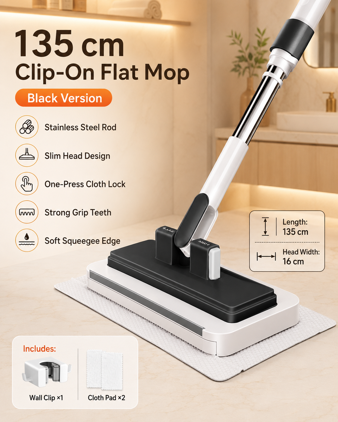 Touch-Free Clip-On Flat Mop with Extendable Stainless Steel Handle