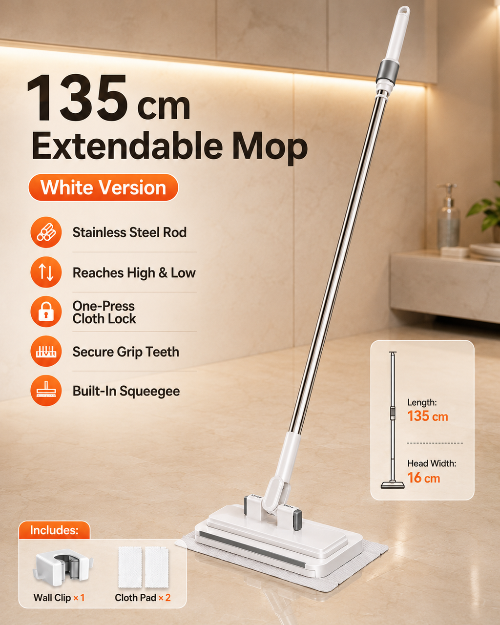 Touch-Free Clip-On Flat Mop with Extendable Stainless Steel Handle